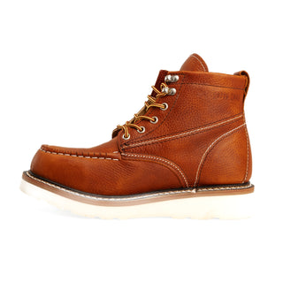 Apache 6” Tan  Wedge Moc Toe Work Boots for Men , Premium Full-Grain Leather,.